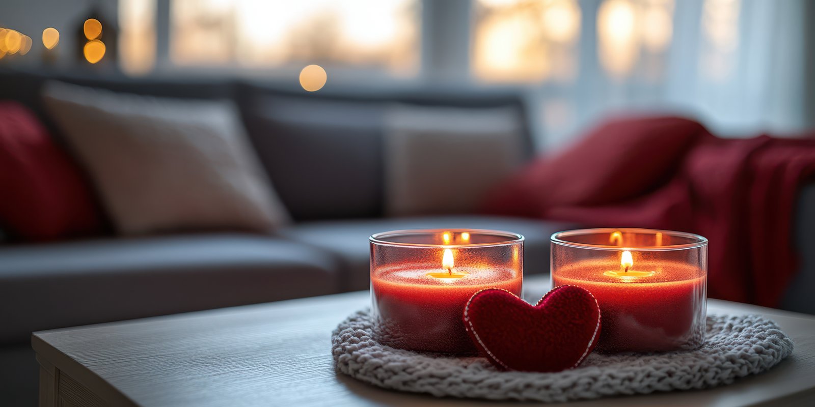 Cozy evening with candles and heart decoration in a modern living room setup